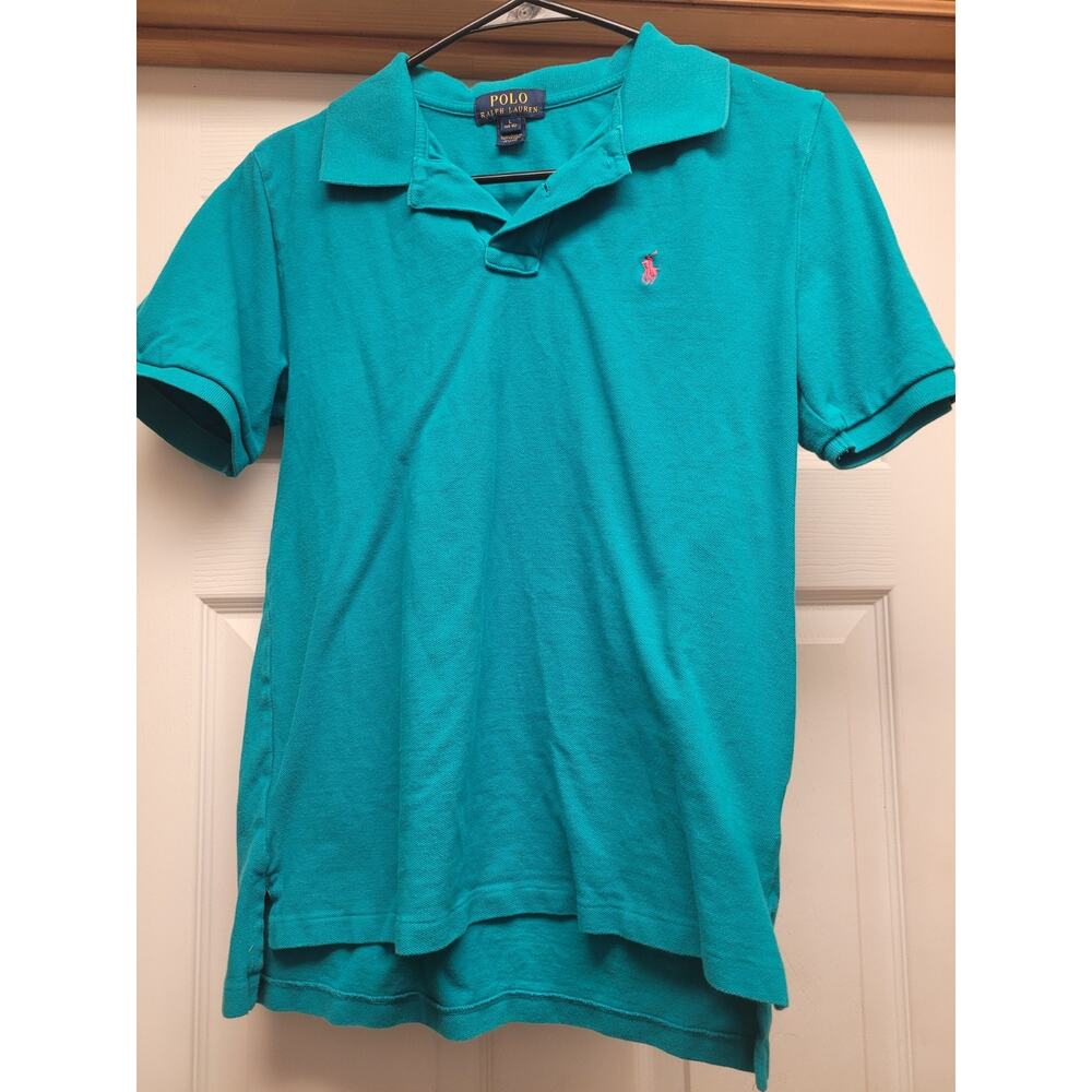 Polo Ralph Lauren Boys Large 14-16 Teal Pink Pony Polo Shirt Cotton
